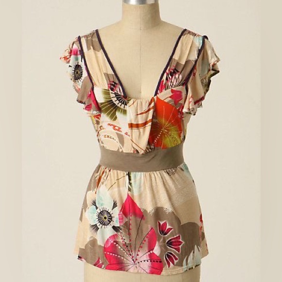 Anthropologie Tops - Anthropologie Ric Rac Forever Garden Tee Flutter Sleeve Tie Waist Soft Jersey